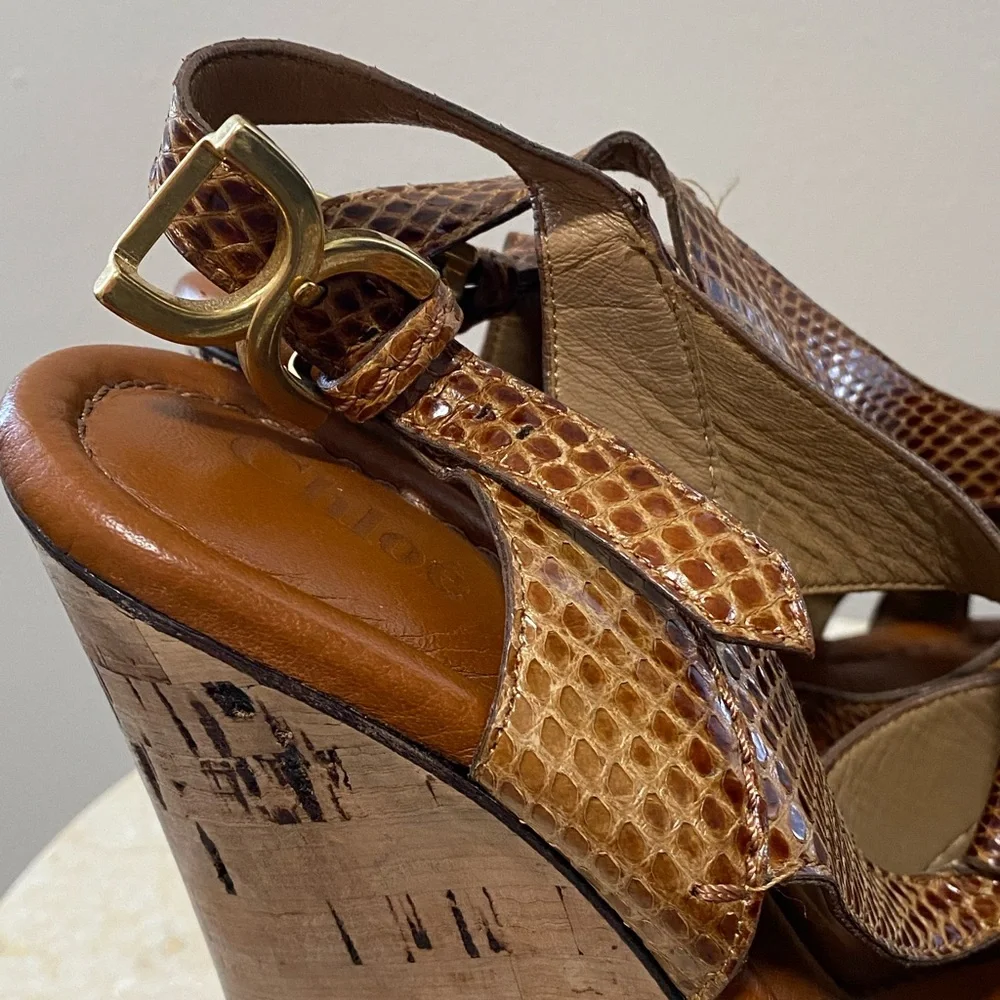 Chloé Renna Leather Snakeskin Slingback Cork Wedges Size 39.5